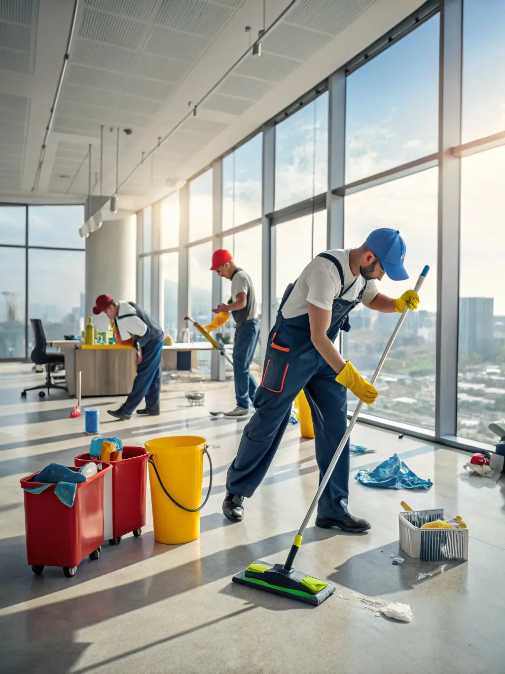 A cleaning team efficiently cleaning a shared living space in a hostel, focusing on hygiene and quick turnaround.